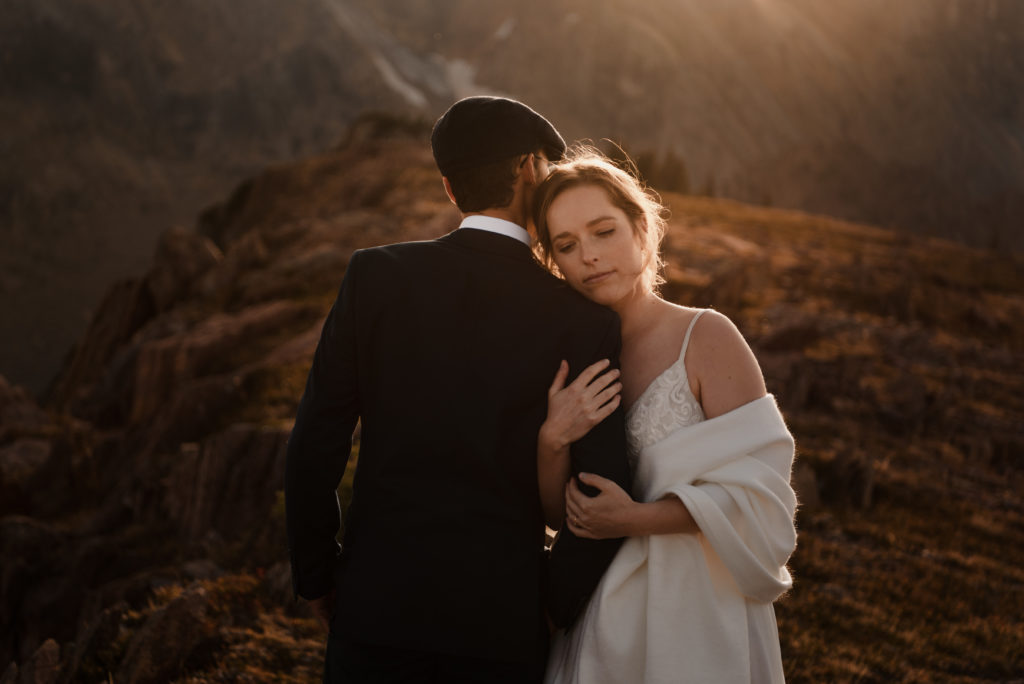 sunset mountain top bride and groom portraits