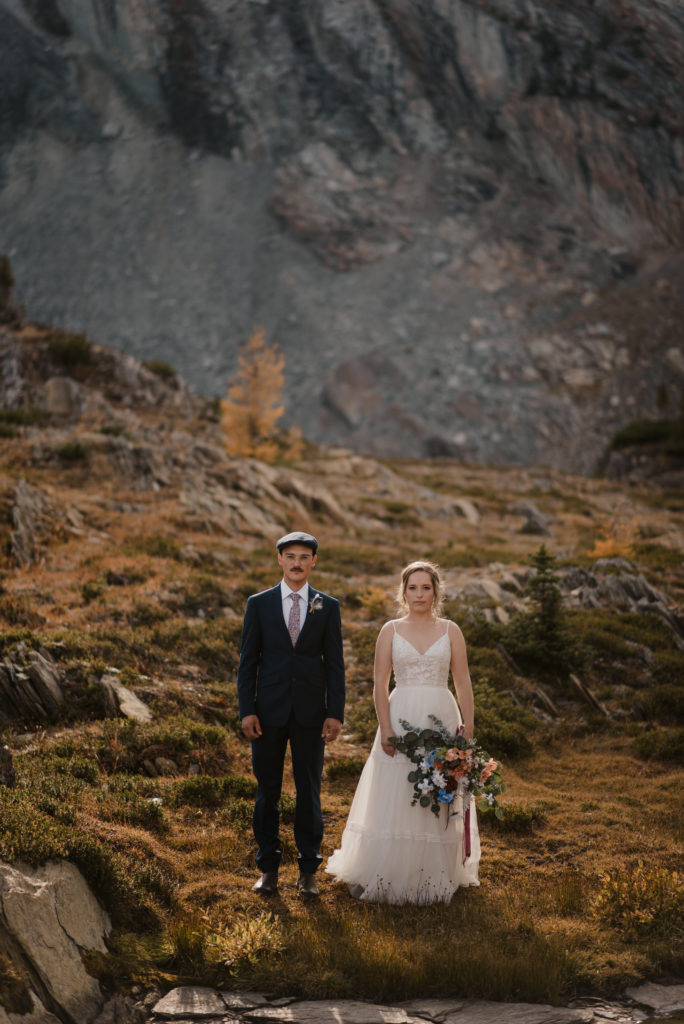 bride and groom with larch trees in the mountains