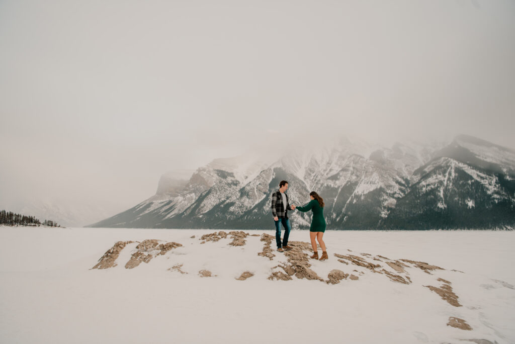 Lake Minnewanka engagement session in Banff Alberta