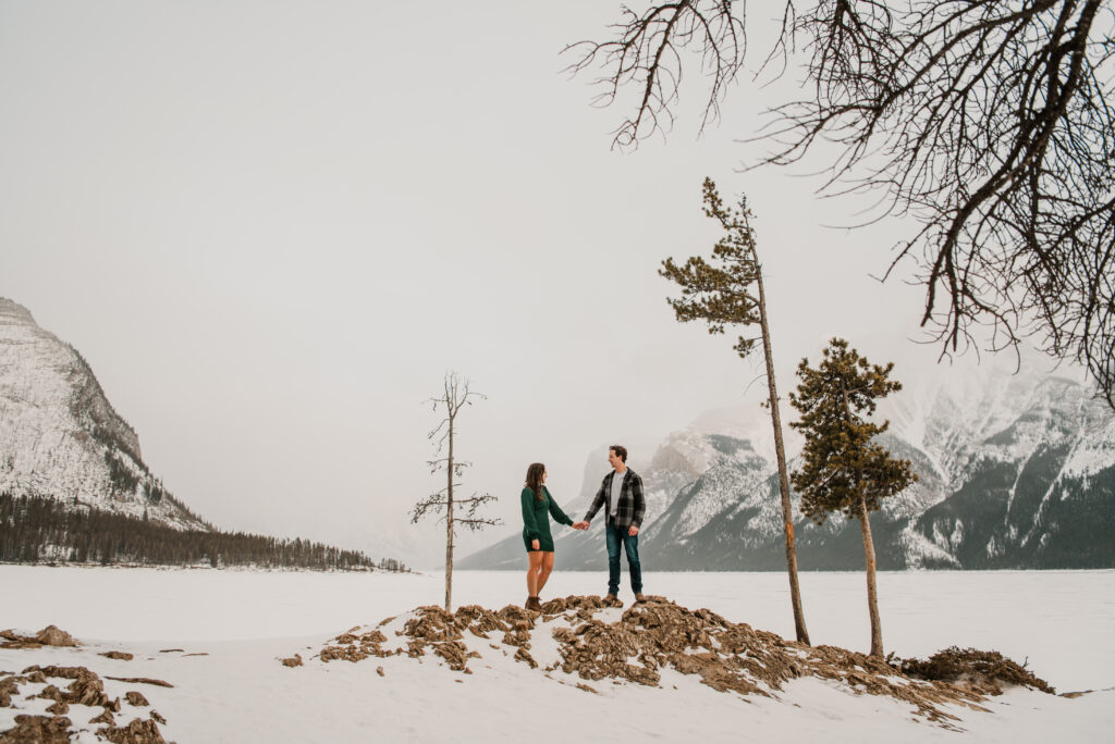 Lake Minnewanka winter engagement session in Banff Alberta