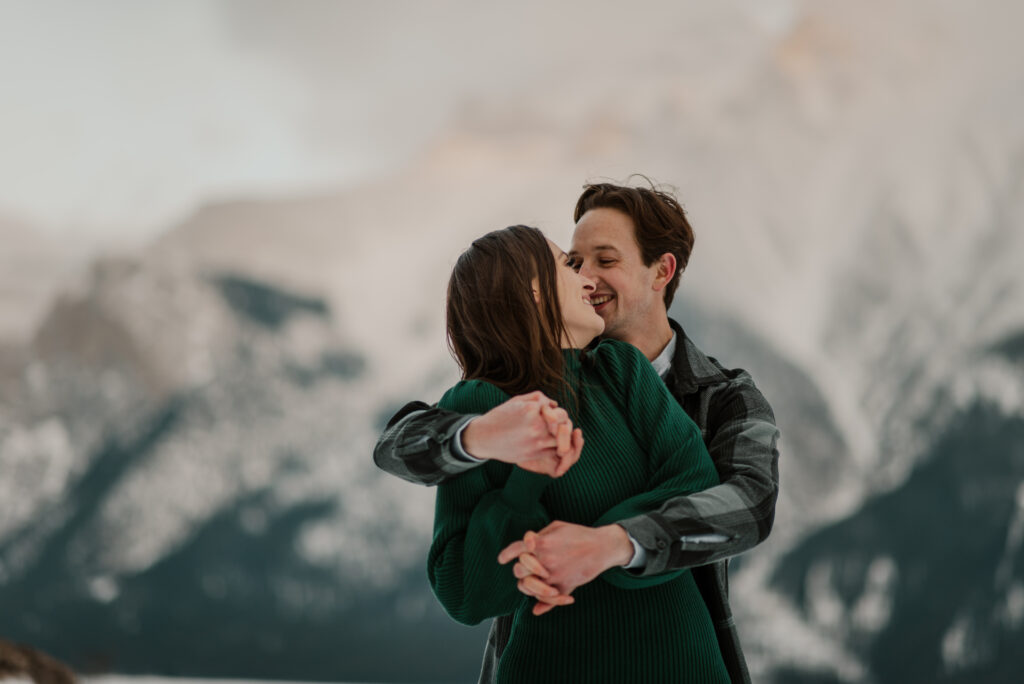 sunset winter engagement session in Banff