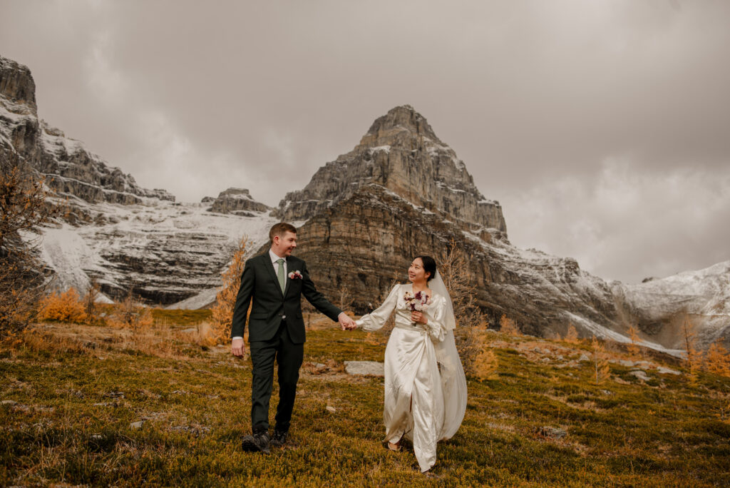hiking elopement with larch trees banff alberta
