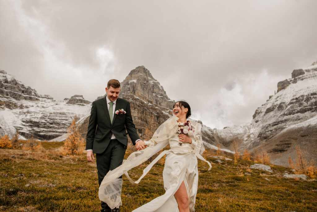 hiking elopement with larch trees banff alberta