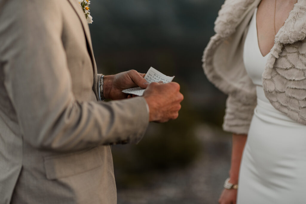 bride and groom mountain top sunrise elopement ceremony