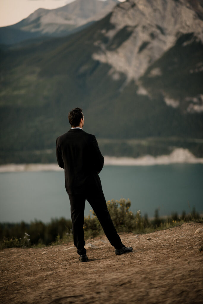 first look on a mountain at sunrise for an elopement