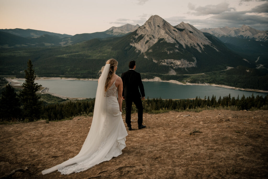 first look on a mountain at sunrise for an elopement