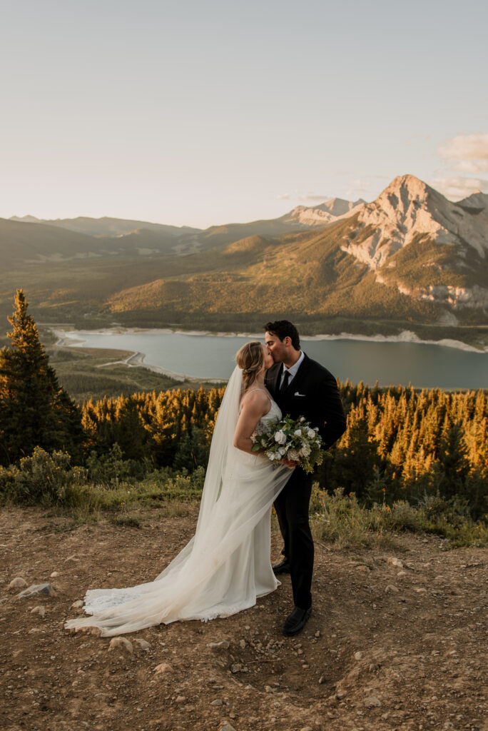 bride and groom sunrise hiking elopement in Alberta