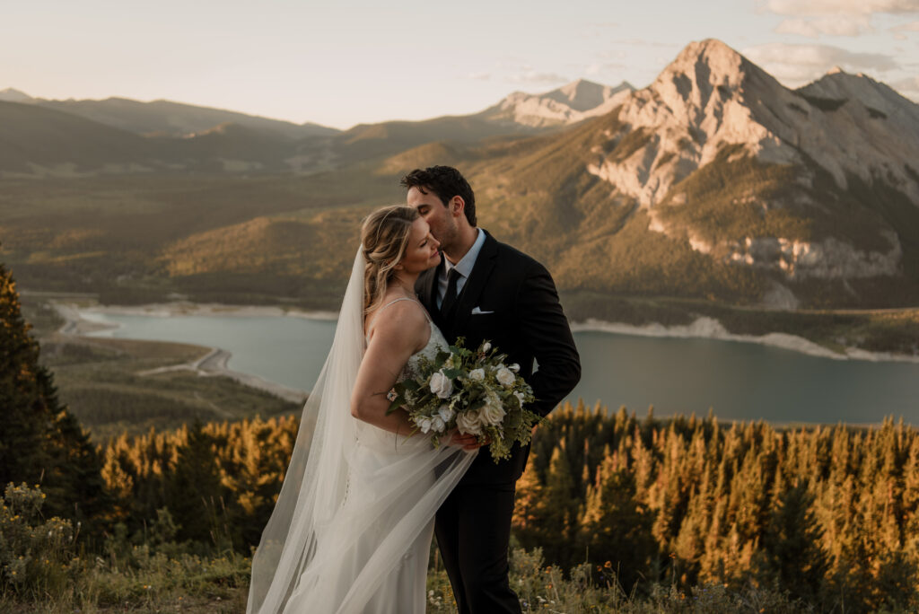 bride and groom sunrise hiking elopement in Alberta