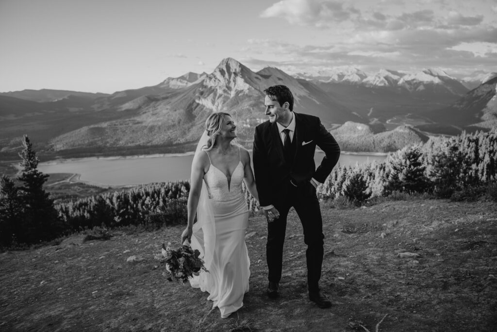 bride and groom sunrise hiking elopement in Alberta