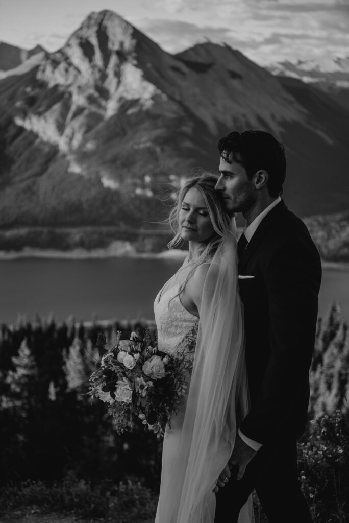 bride and groom sunrise hiking elopement in Alberta