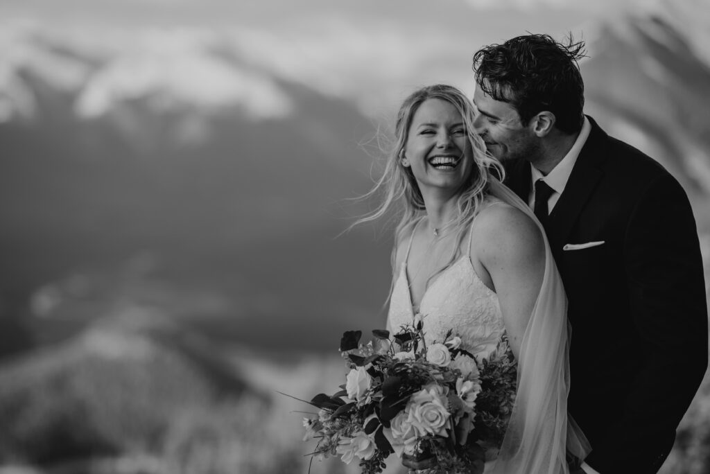 bride and groom sunrise hiking elopement in Alberta