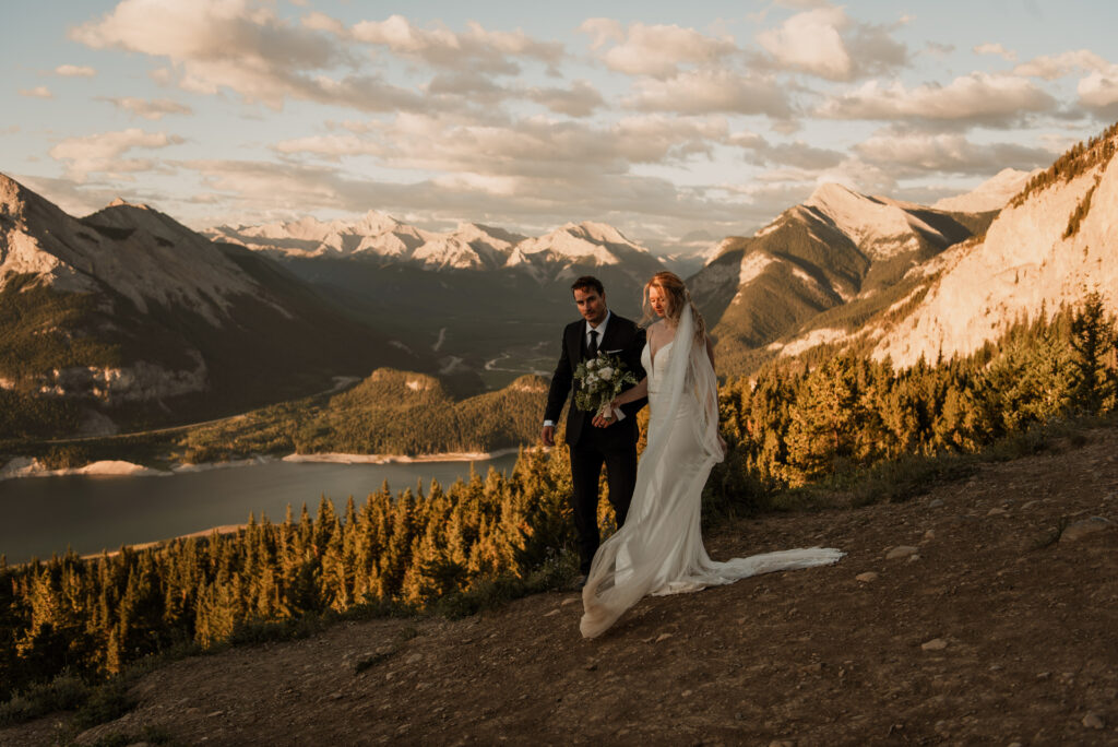 bride and groom sunrise hiking elopement in Alberta