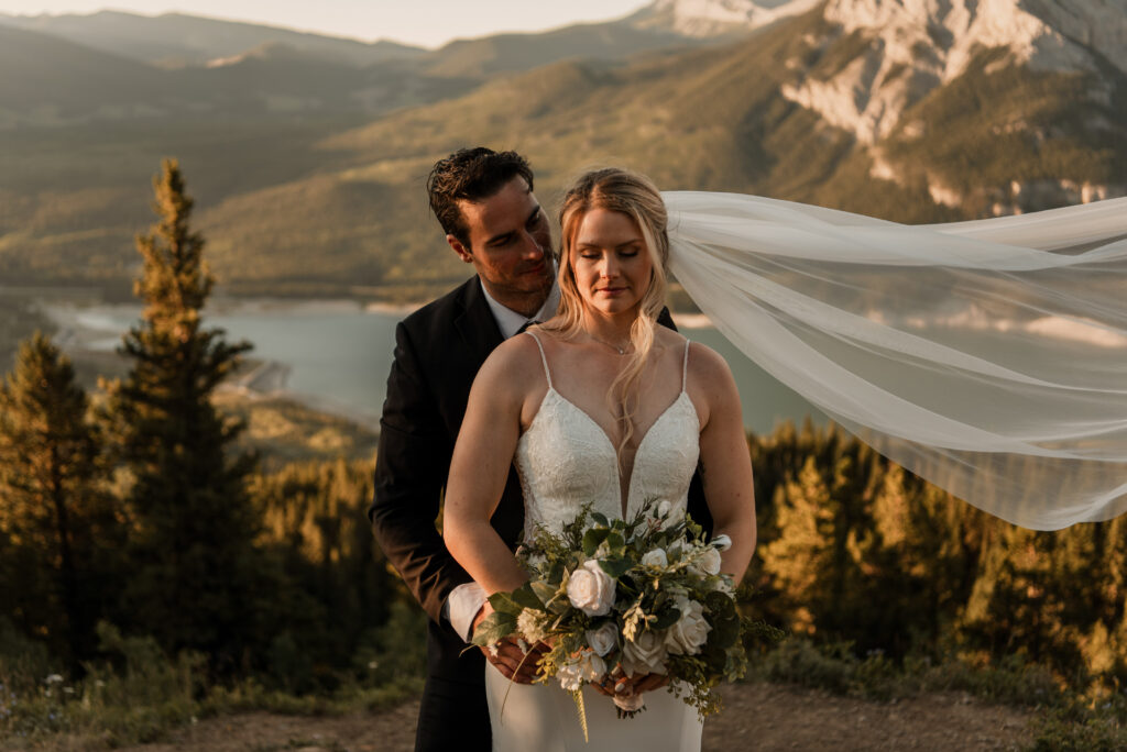 bride and groom sunrise hiking elopement in Alberta