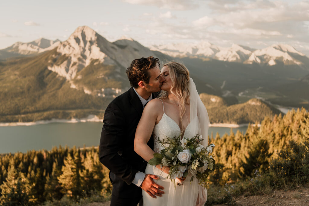 bride and groom sunrise hiking elopement in Alberta